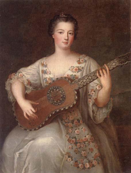 unknow artist Portrait of a young lady,three-quarter length,wearing a floral and ivory lace-trimmed dress,playing the guitar oil painting picture